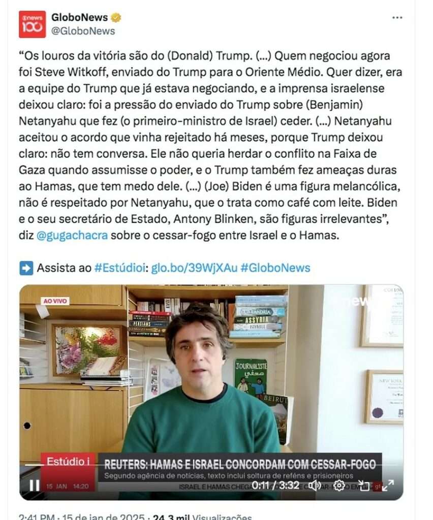 Vídeo: “Louros da vitória são do Trump”, diz  Guga Chacra sobre Cessar-Fogo 