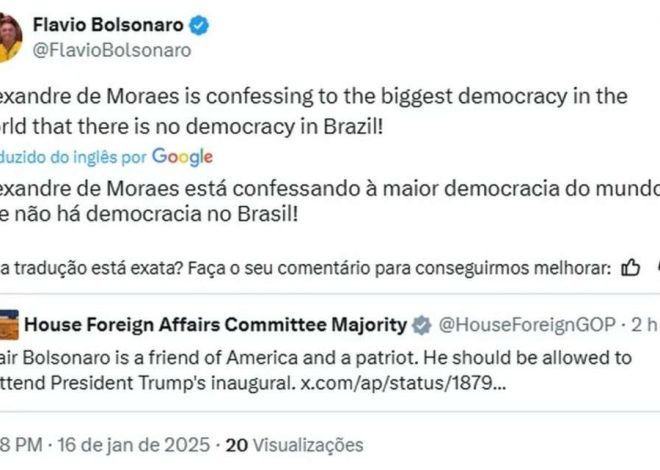 Flávio Bolsonaro Declara: Moraes confessa ao mundo que não há democracia no Brasil 