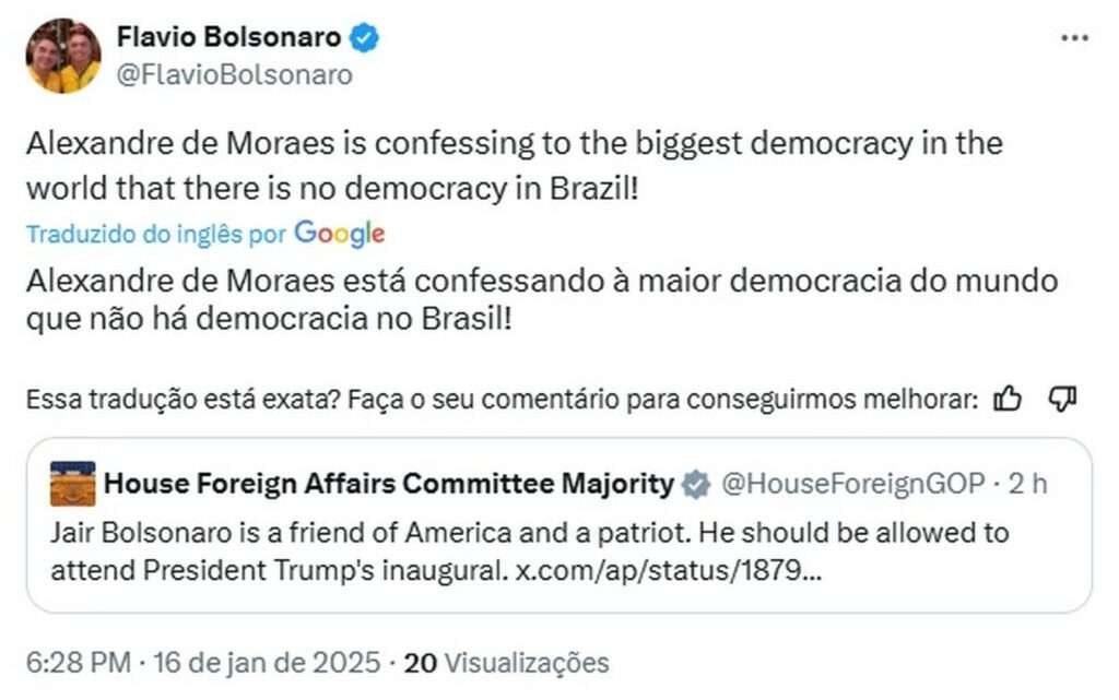 Flávio Bolsonaro Declara: Moraes confessa ao mundo que não há democracia no Brasil 