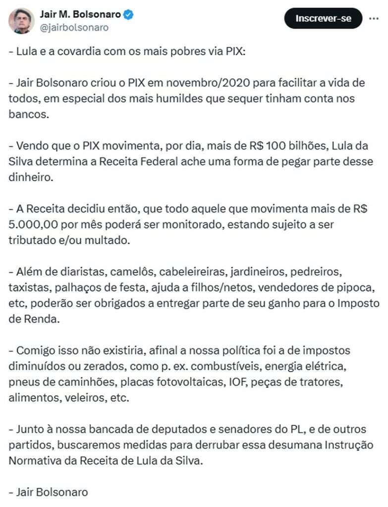 Jair Bolsonaro Acusa Lula de ‘Covardia com os Pobres’ por monitoramento no Pix 